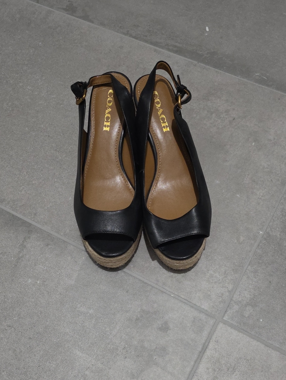 Coach Black Leather Open-Toe Espadrille Wedge Sandals